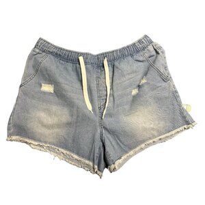 Blue Denim Distressed Elastic Drawstring Waist Jean Shorts Cut Offs Large Light